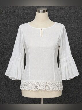 LUNGO L'ARNO Women's Italian Belle Sleeve Crochet Trim Linen Tunic Top White M